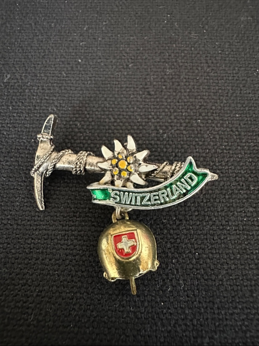 Vintage Switzerland Edelweiss Pickaxe & Alpine Helmet Pin - Green, Gold, Silver